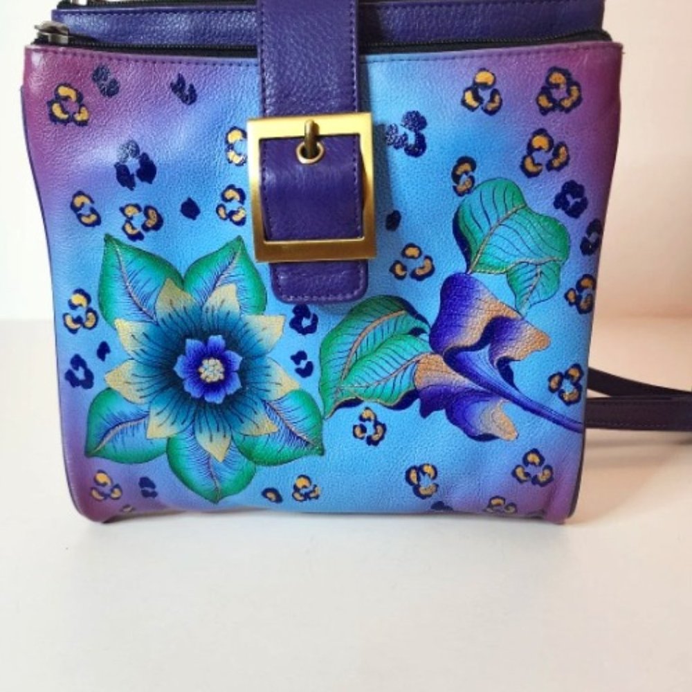 Anuschka Crossbody Bag Purple and Blue flowers